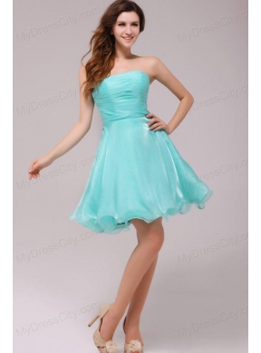 A-line Strapless Aqua Blue Organza Ruching Prom Dress