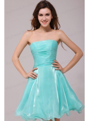 A-line Strapless Aqua Blue Organza Ruching Prom Dress