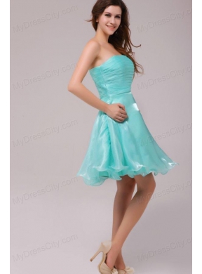 A-line Strapless Aqua Blue Organza Ruching Prom Dress