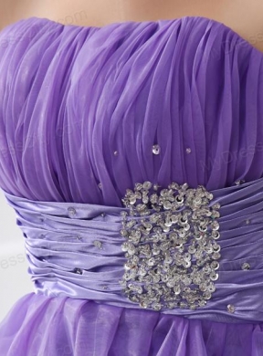 A-line Strapless Beading and Ruching Organza Prom Dress in Lavender