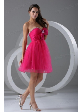 A-line Sweetheart Hot Pink Beading and Ruching Knee-length Prom Dress