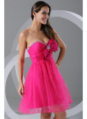 A-line Sweetheart Hot Pink Beading and Ruching Knee-length Prom Dress