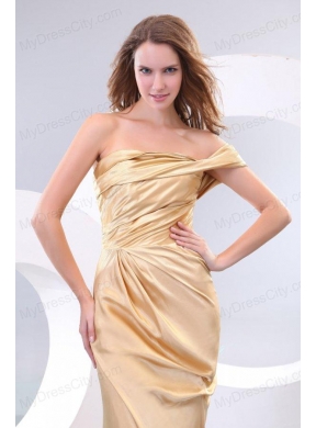 Affordable Column One Shoulder Brush Train Champagne Prom Dress with Ruching