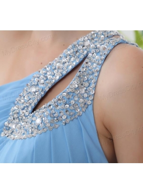 Aqua Blue One Shoulder Beading and Ruching Court Train Prom Dress