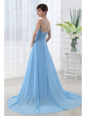 Aqua Blue One Shoulder Beading and Ruching Court Train Prom Dress