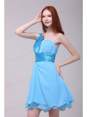 Baby Blue One Shoulder Ruching Prom Dress with Chiffon