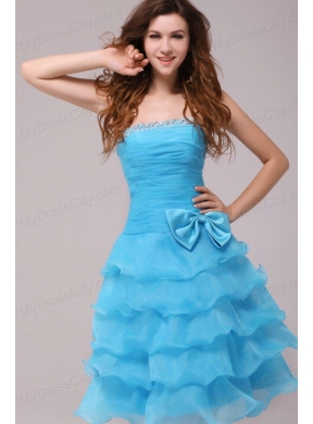 Baby Blue Princess Strapless Ruffled Layers Bow Prom Dress