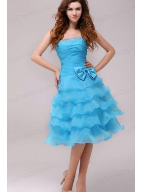 Baby Blue Princess Strapless Ruffled Layers Bow Prom Dress