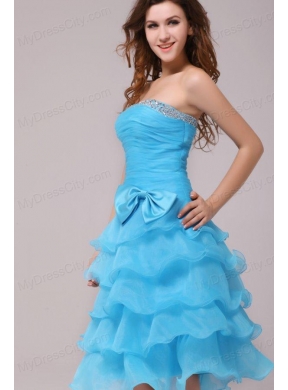 Baby Blue Princess Strapless Ruffled Layers Bow Prom Dress