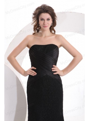 Black Column Strapless Ankle-length Lace Prom Dress with Ruching