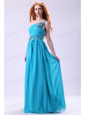 Blue Empire Appliques One Shoulder Beading Chiffon 2014 Prom Dress