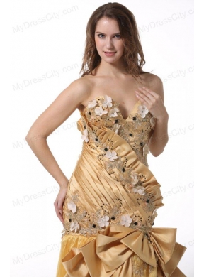 Bowknot Unique Sweetheart Gold Prom Dress with Beading and Flowers