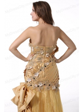 Bowknot Unique Sweetheart Gold Prom Dress with Beading and Flowers