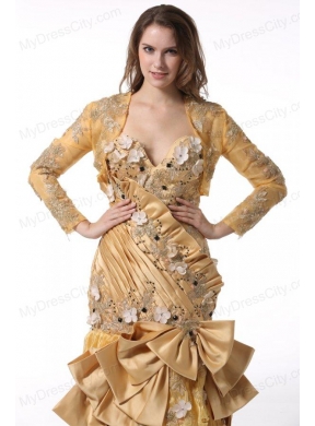 Bowknot Unique Sweetheart Gold Prom Dress with Beading and Flowers