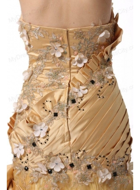 Bowknot Unique Sweetheart Gold Prom Dress with Beading and Flowers