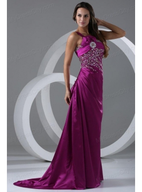 Brush Train Purple A-line One Shoulder Prom Dress with Beading