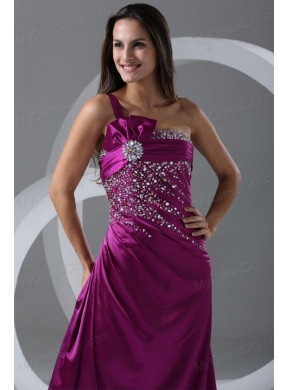 Brush Train Purple A-line One Shoulder Prom Dress with Beading