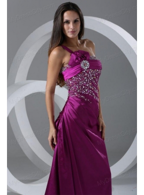 Brush Train Purple A-line One Shoulder Prom Dress with Beading