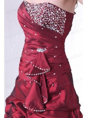 Burgundy A-line Strapless Prom Dress with Beading and Pick-ups