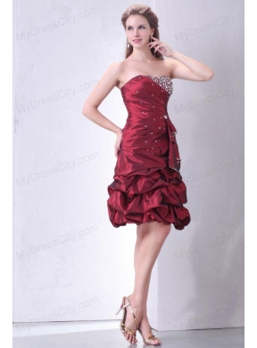 Burgundy A-line Strapless Prom Dress with Beading and Pick-ups