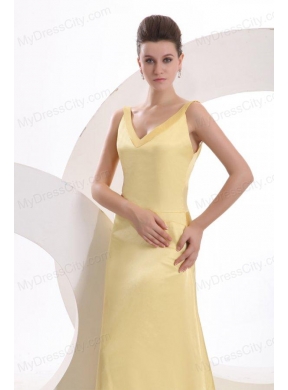 Champagne Column V neck Criss Cross Ruching Prom Dress with Brush Train