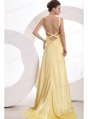 Champagne Column V neck Criss Cross Ruching Prom Dress with Brush Train