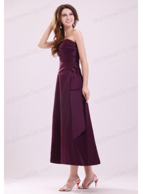 Cheap A-Line Strapless  Ankle-length Purple Ruching Prom Dress