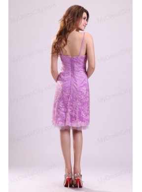 Cheap Column Lilac Straps Knee-length Tulle Appliques Prom Dress