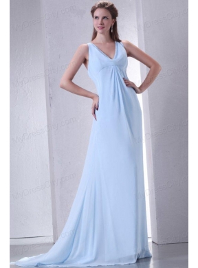 Cheap Empire V-neck Light Blue Prom Dress with Ruching