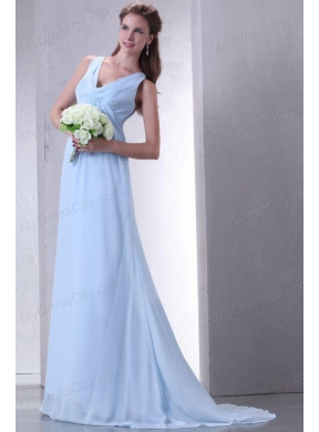 Cheap Empire V-neck Light Blue Prom Dress with Ruching