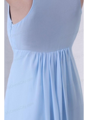 Cheap Empire V-neck Light Blue Prom Dress with Ruching