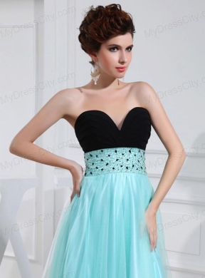 Column Beading Tulle Floor-length Strapless Aqua Blue Prom Dress