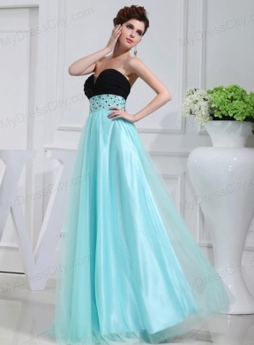 Column Beading Tulle Floor-length Strapless Aqua Blue Prom Dress