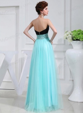 Column Beading Tulle Floor-length Strapless Aqua Blue Prom Dress