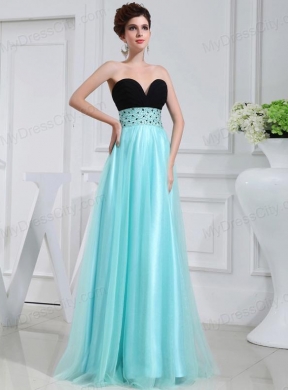 Column Beading Tulle Floor-length Strapless Aqua Blue Prom Dress