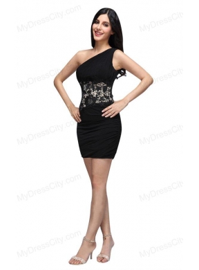 Column Black One Shoulder Appliques Ruching Chiffon Prom Dress