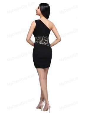 Column Black One Shoulder Appliques Ruching Chiffon Prom Dress