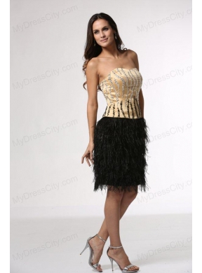 Column Champagne and Black Strapless Feather Beading Satin Prom Dress