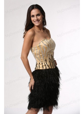 Column Champagne and Black Strapless Feather Beading Satin Prom Dress