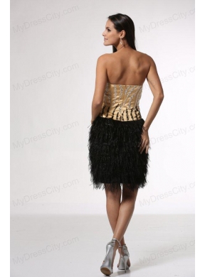 Column Champagne and Black Strapless Feather Beading Satin Prom Dress