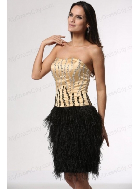 Column Champagne and Black Strapless Feather Beading Satin Prom Dress