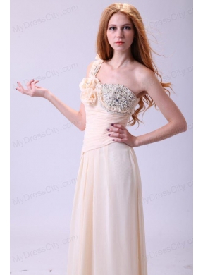 Column One Shoulder Beading Chiffon Long Champagne Prom Dress