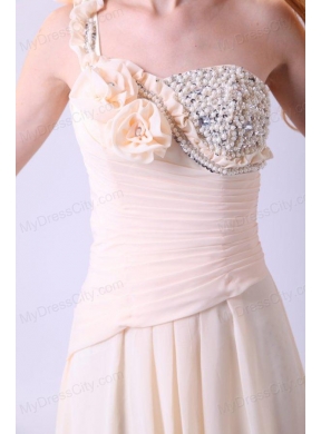 Column One Shoulder Beading Chiffon Long Champagne Prom Dress