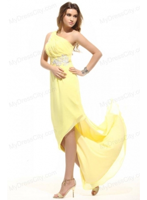 Column One Shoulder Light Yellow Appliques Ruching Prom Dress