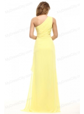 Column One Shoulder Light Yellow Appliques Ruching Prom Dress