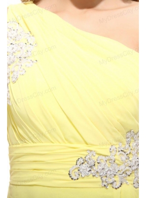 Column One Shoulder Light Yellow Appliques Ruching Prom Dress