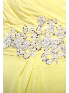 Column One Shoulder Light Yellow Appliques Ruching Prom Dress