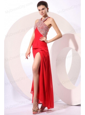 Column Red Halter Beading Chiffon Prom Dress with Criss Cross