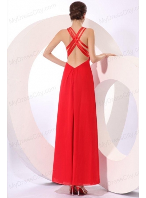 Column Red Halter Beading Chiffon Prom Dress with Criss Cross