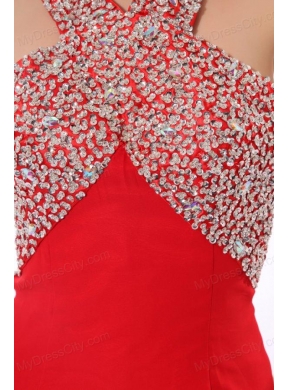 Column Red Halter Beading Chiffon Prom Dress with Criss Cross